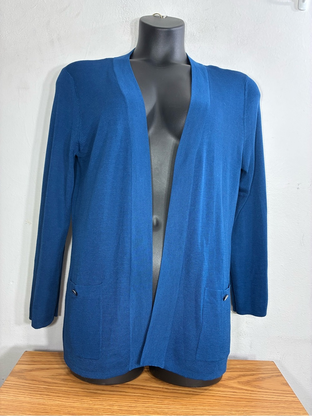 Anne Klein Open-Front Blue Cardigan with Pockets